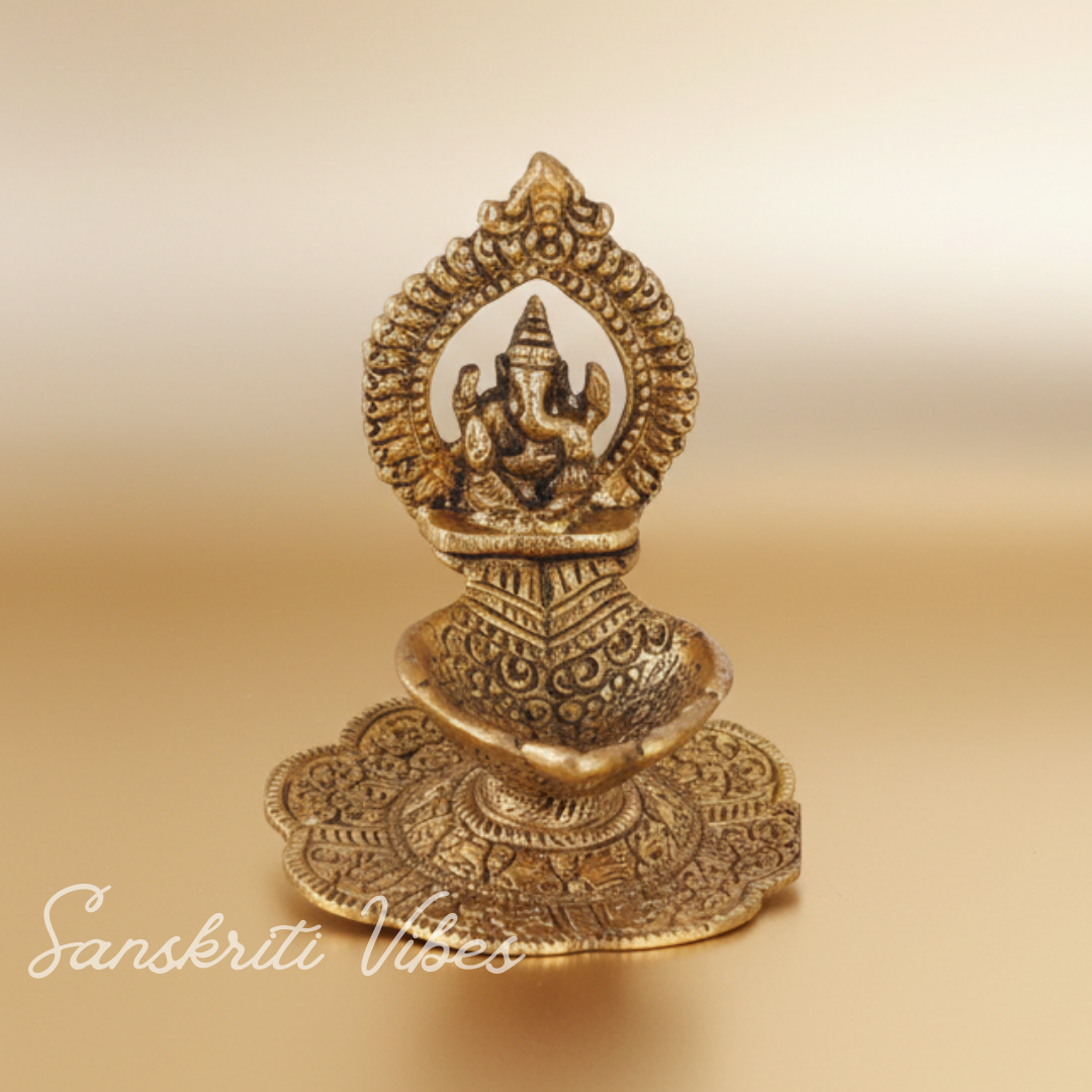 Aluminium Metal Ganesh Diya with Swastik Engraving – Gold Plated Hath Deepak Ganesh Statue for Home Decor & Auspicious Puja (Glossy Finish, Made in India)