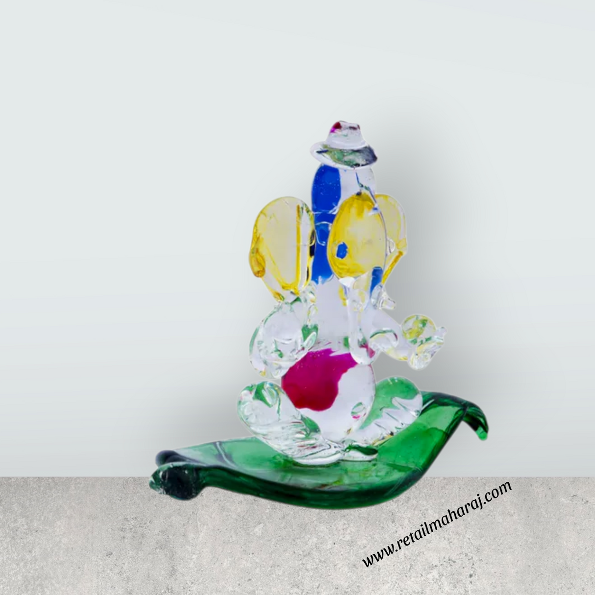 Ganesh with Leaf Statue - 2.75 x 3 Inches | Glass Ganesha Idol/ Vinayagar Statue for Home Decor