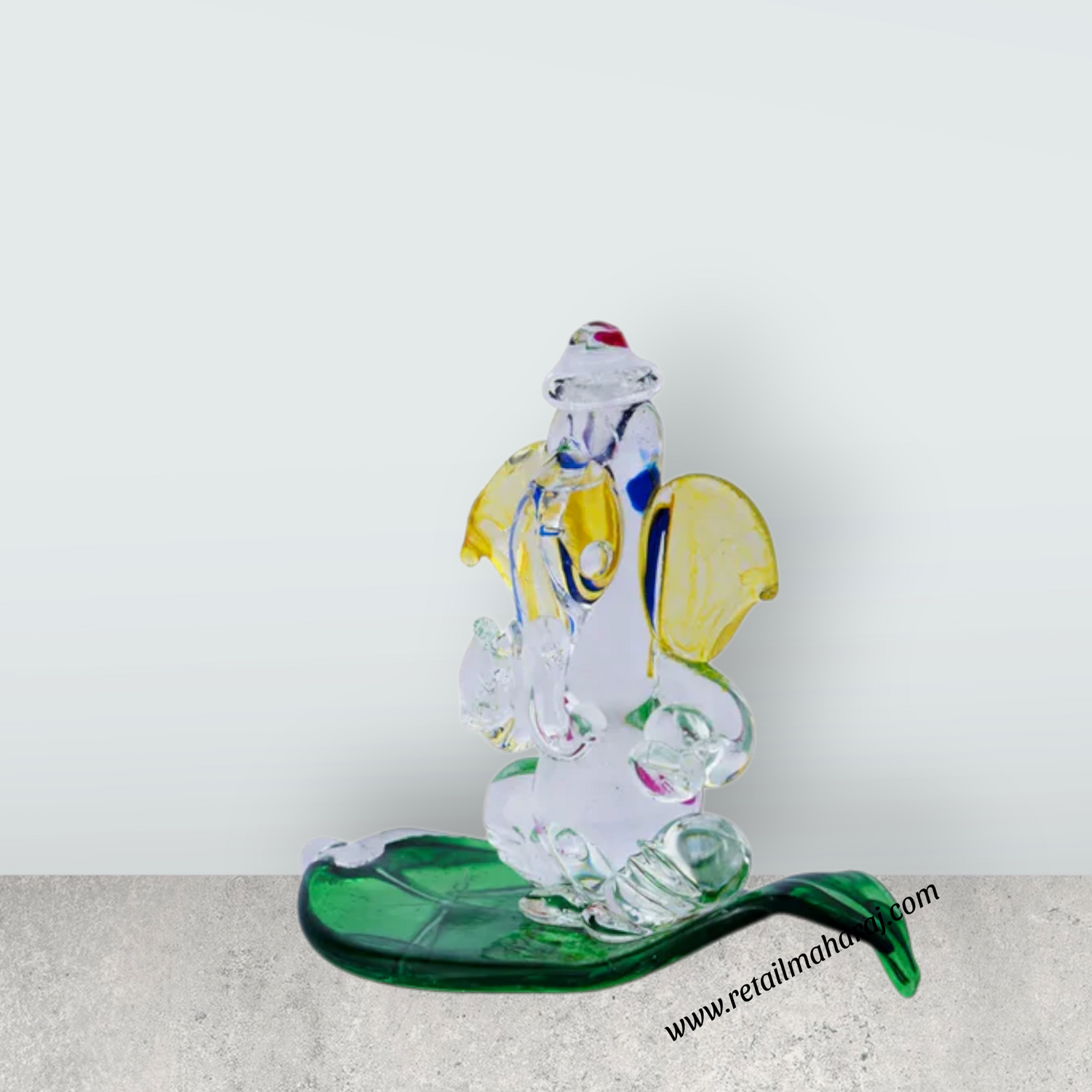 Ganesh with Leaf Statue - 2.75 x 3 Inches | Glass Ganesha Idol/ Vinayagar Statue for Home Decor