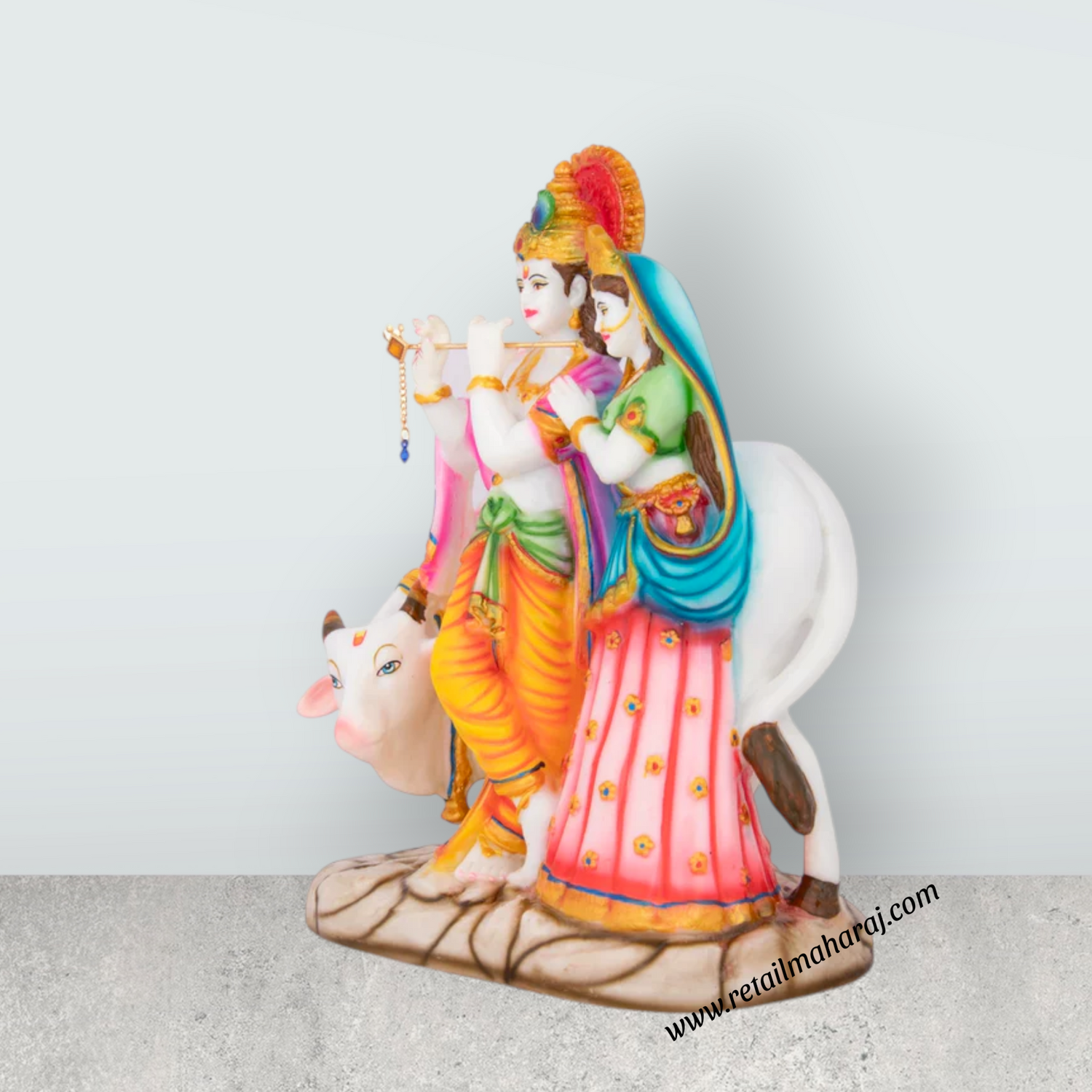 Radha Krishna Murti with Cow - 11 x 8 Inches | Radha Krishna Idol for Pooja