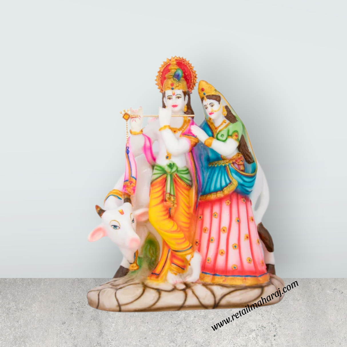Radha Krishna Murti with Cow - 11 x 8 Inches | Radha Krishna Idol for Pooja