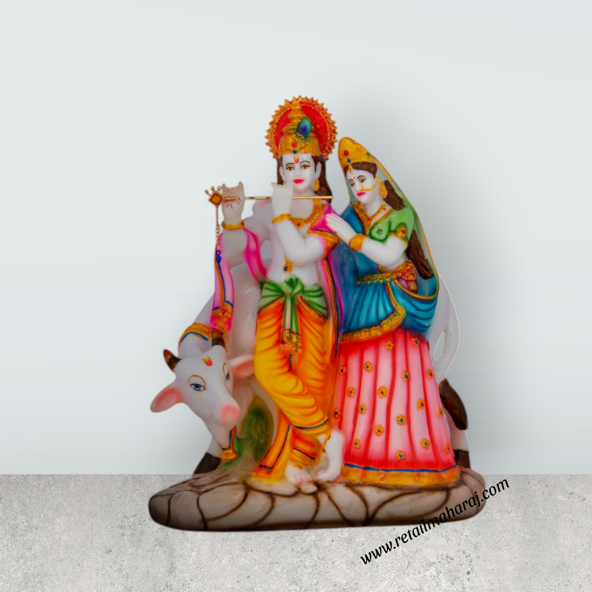 Radha Krishna Murti with Cow - 11 x 8 Inches | Radha Krishna Idol for Pooja