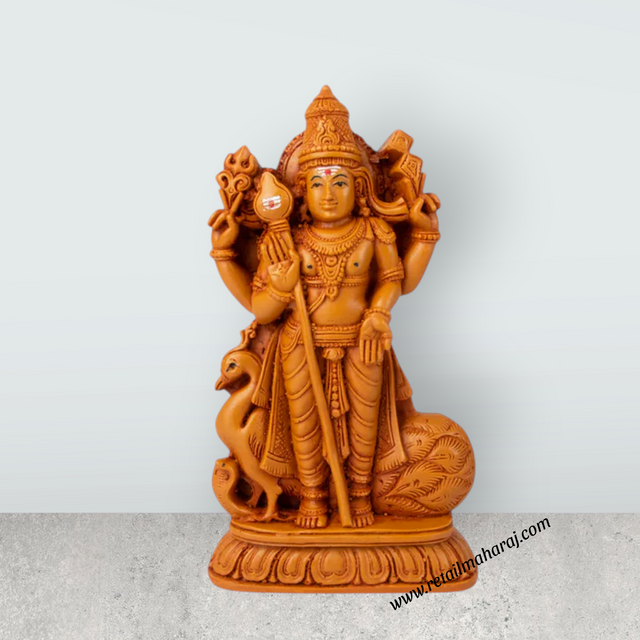 Mayil Murugan - 7 x 4 Inches | Marble Dust Statue/ Wooden Polish Peacock Murugar for Pooja - Retail Maharaj