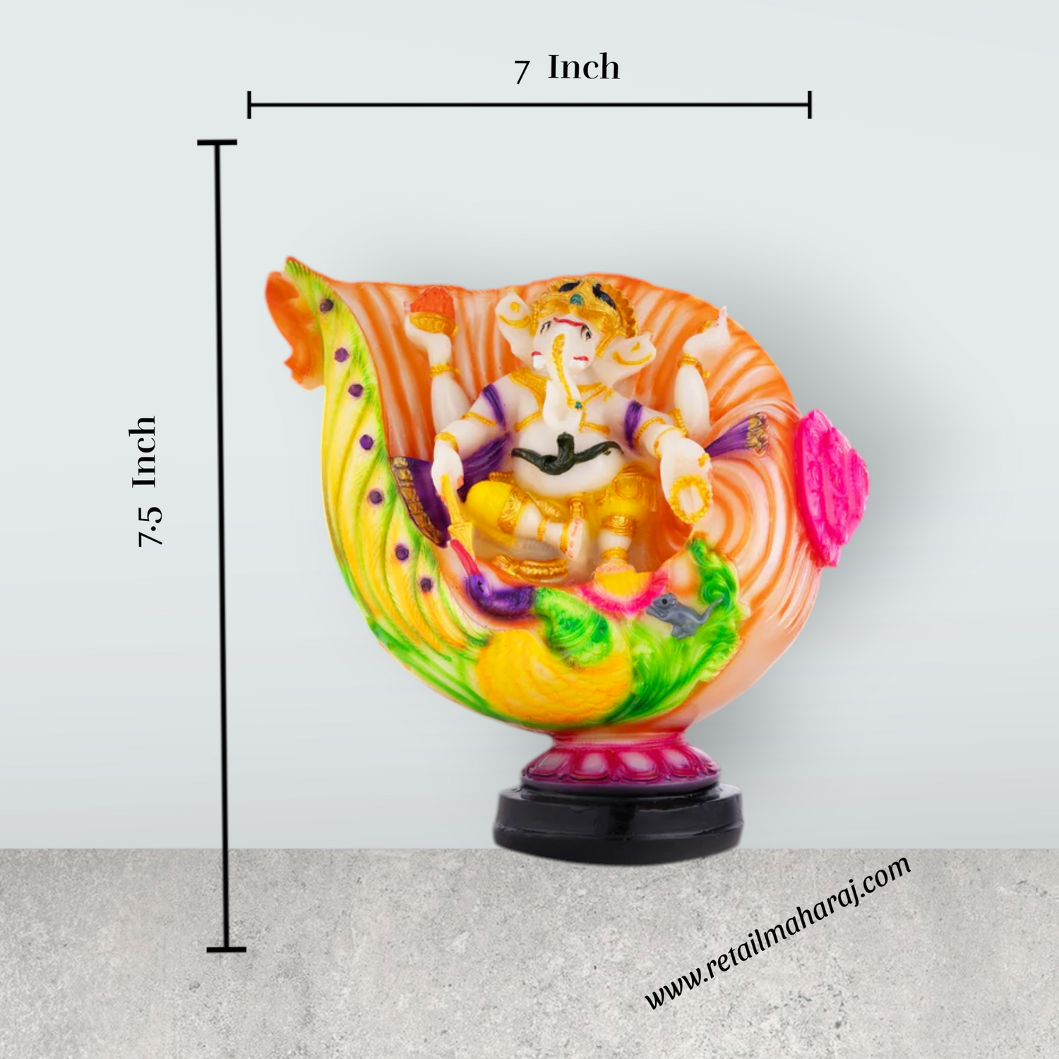 Ganesh Murti Sitting On Shankh - 7.5 x 7 Inches | Marble Dust Murti / Coloured Ganpati Murti for Pooja - Retail Maharaj