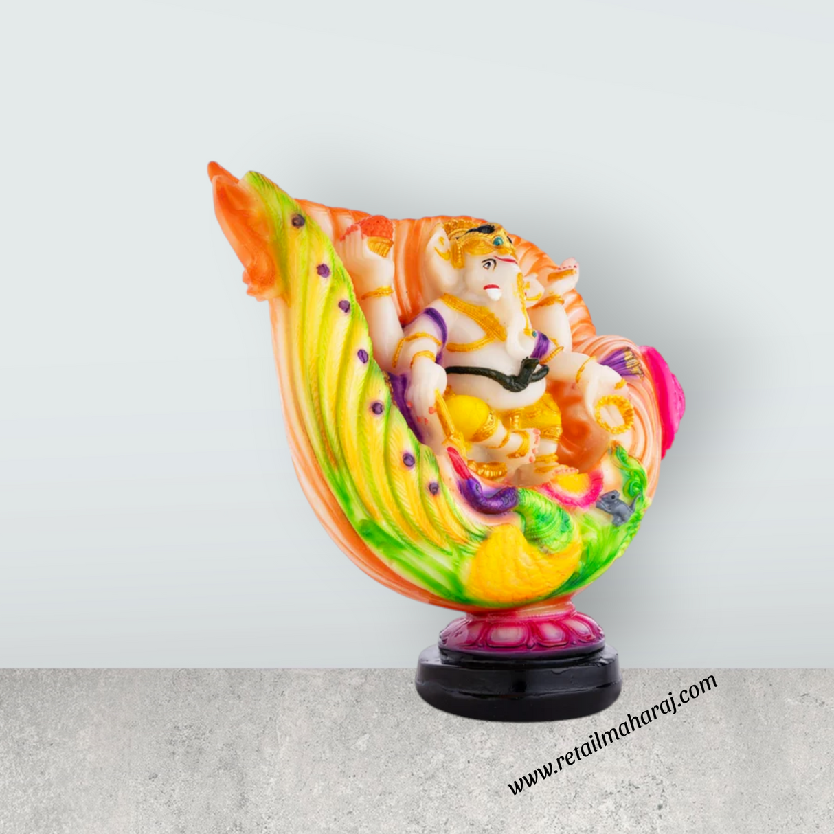 Ganesh Murti Sitting On Shankh - 7.5 x 7 Inches | Marble Dust Murti / Coloured Ganpati Murti for Pooja - Retail Maharaj