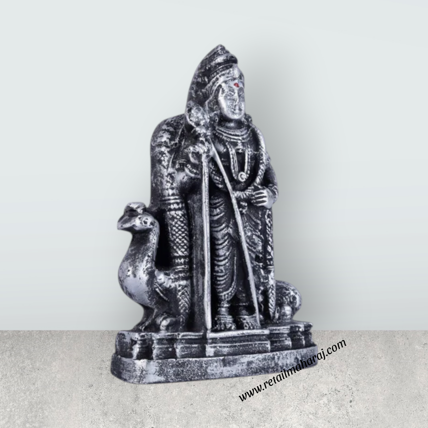 Murugan Statue With Peacock - 4 x 2.5 Inches | Resin Murugan Murti/Antique Silver Polish Murugan Silai for Home - Retail Maharaj
