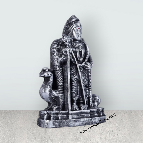 Murugan Statue With Peacock - 4 x 2.5 Inches | Resin Murugan Murti/Antique Silver Polish Murugan Silai for Home - Retail Maharaj