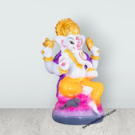 Ganesh Murti Sitting On Lotus - 4.5 x 2.5 Inches | Marble Murti/ Ganpati Murti/ Ganesh Idol for Pooja - Retail Maharaj