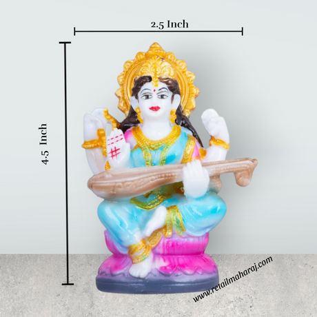 Saraswati Murti Sitting On Lotus - 4.5 x 2.5 Inches | Marble Murti/ Saraswati Idol/Saraswathy Idol for Home - Retail Maharaj
