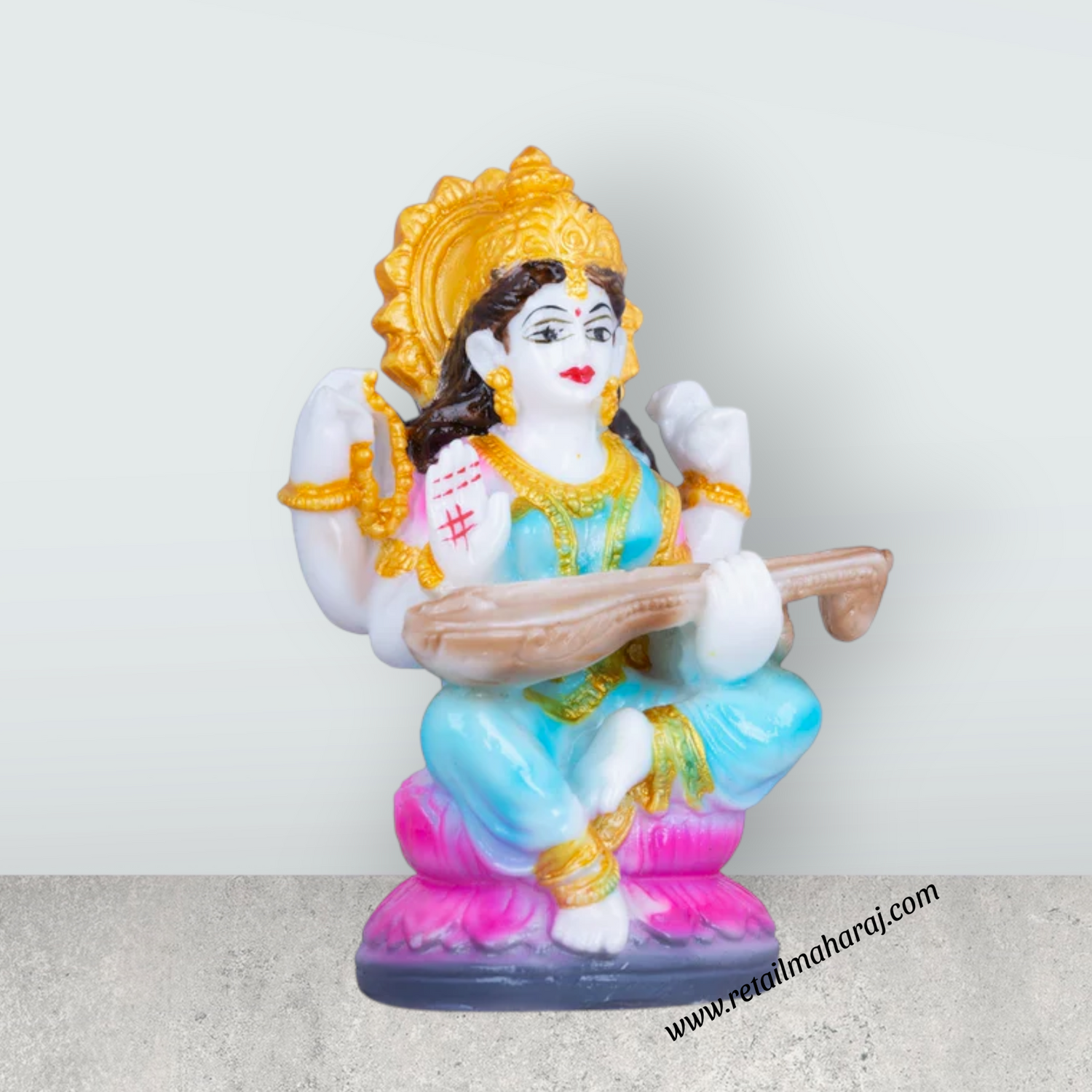 Saraswati Murti Sitting On Lotus - 4.5 x 2.5 Inches | Marble Murti/ Saraswati Idol/Saraswathy Idol for Home - Retail Maharaj