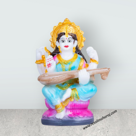 Saraswati Murti Sitting On Lotus - 4.5 x 2.5 Inches | Marble Murti/ Saraswati Idol/Saraswathy Idol for Home - Retail Maharaj