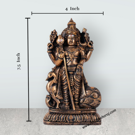 Murugan Statue With Peacock - 7.5 x 4 Inches | Resin Murugan Murti/Copper Polish Standing Murugan Silai for Pooja - Retail Maharaj