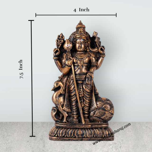 Murugan Statue With Peacock - 7.5 x 4 Inches | Resin Murugan Murti/Copper Polish Standing Murugan Silai for Pooja - Retail Maharaj