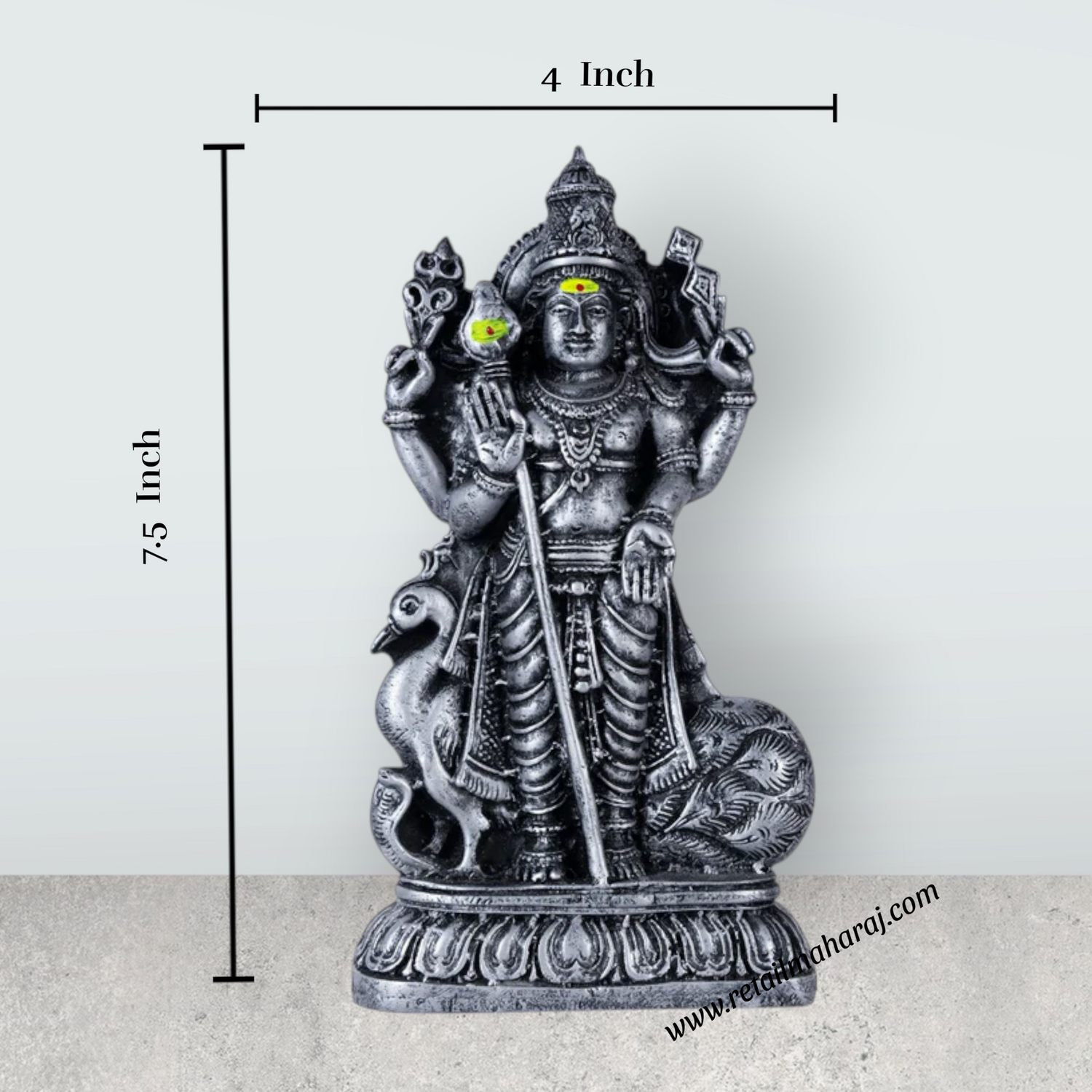 Murugan Statue With Peacock - 7.5 x 4 Inches | Resin Murugan Murti/ Antique Silver Polish Murugan Silai for Home - Retail Maharaj