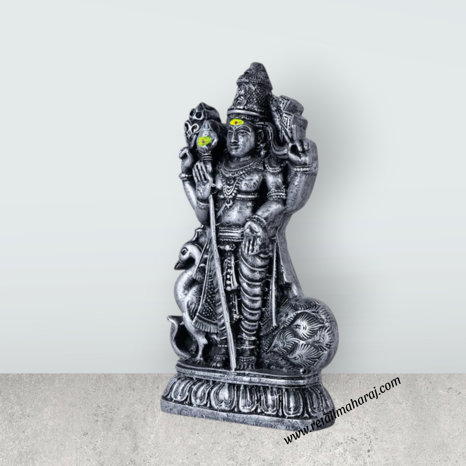 Murugan Statue With Peacock - 7.5 x 4 Inches | Resin Murugan Murti/ Antique Silver Polish Murugan Silai for Home - Retail Maharaj
