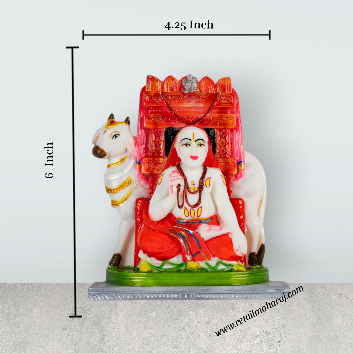 Raghavendra Swamy Idol With Cow - 6 x 4.25 Inches | Resin Statue / Raghavendra Idol For Pooja Room - Retail Maharaj