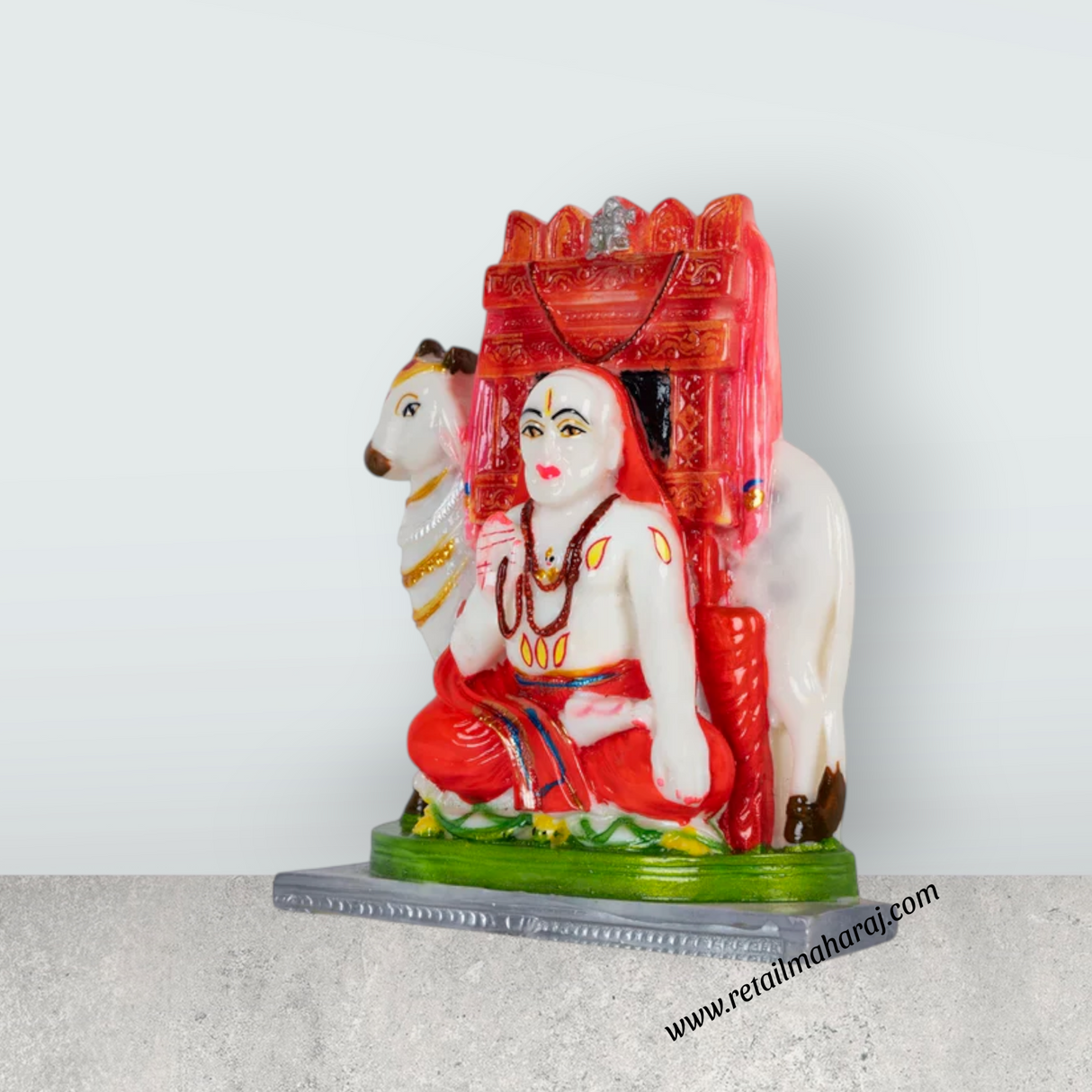 Raghavendra Swamy Idol With Cow - 6 x 4.25 Inches | Resin Statue / Raghavendra Idol For Pooja Room - Retail Maharaj