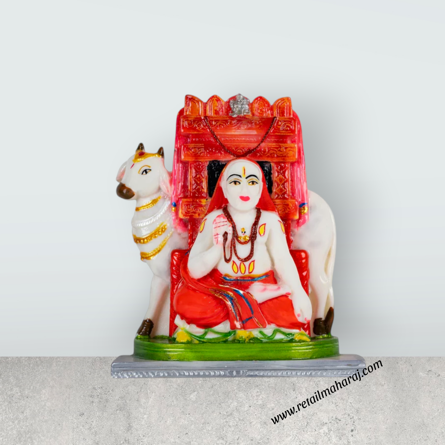 Raghavendra Swamy Idol With Cow - 6 x 4.25 Inches | Resin Statue / Raghavendra Idol For Pooja Room - Retail Maharaj