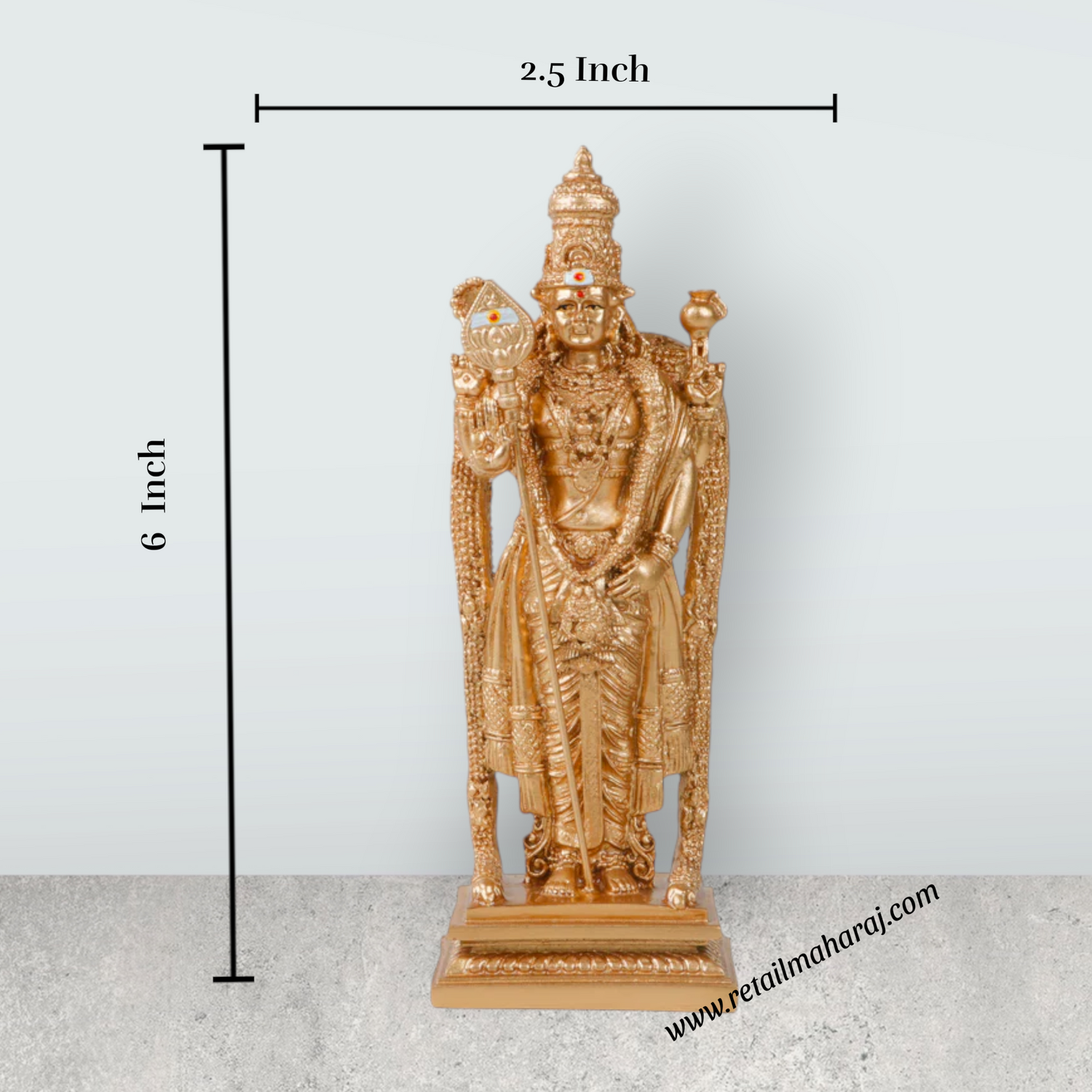 Siruvapuri Murugan Statue - 6 x 2.5 Inches | Standing Murugan Idol/ Gold Polish Murugan Silai for Pooja - Retail Maharaj