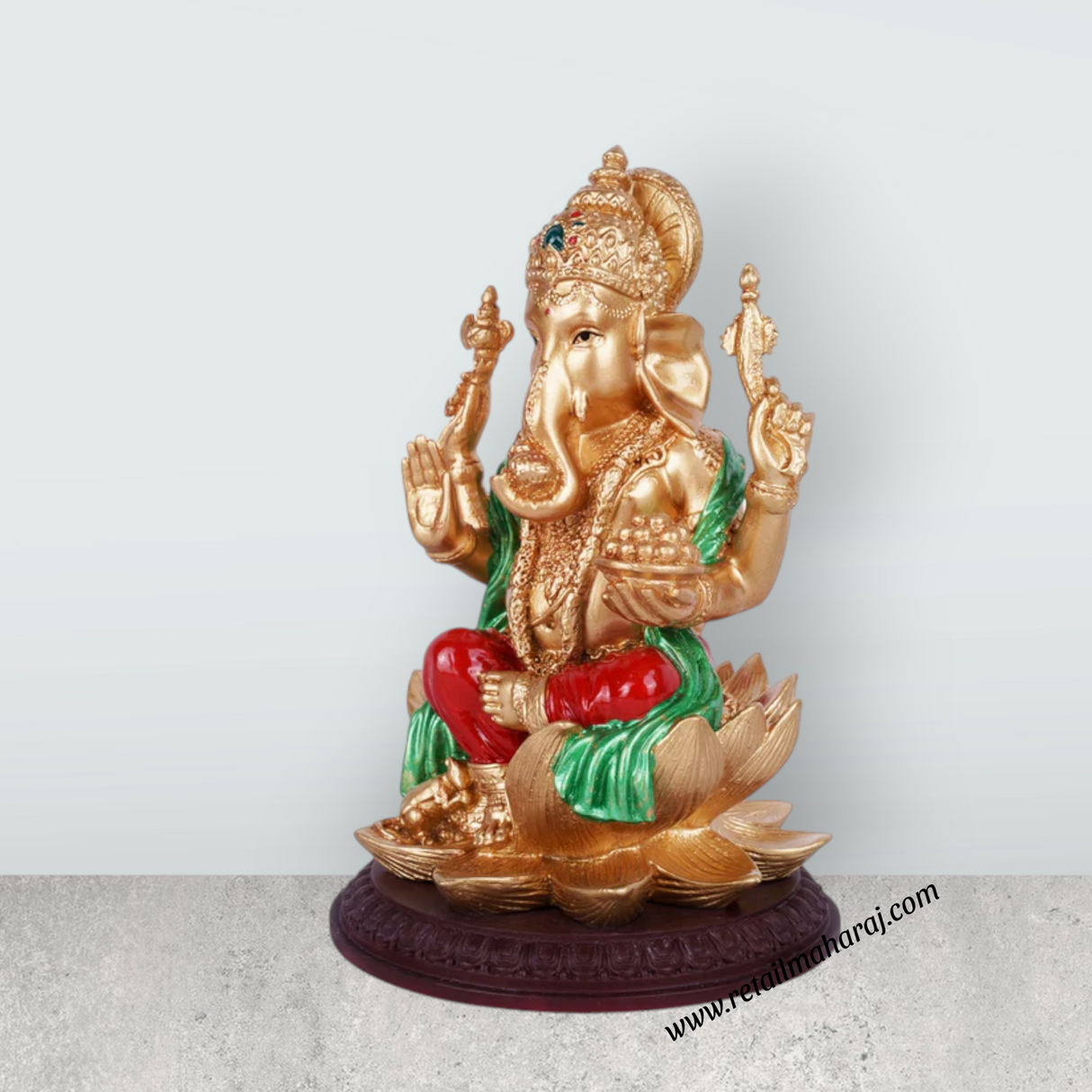 Ganesh Murti Sitting On Lotus - 8 x 4.5 Inches | Resin Statue/ Ganpati Idol for Pooja - Retail Maharaj