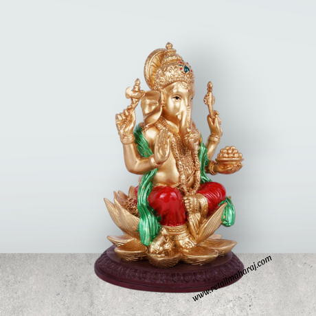 Ganesh Murti Sitting On Lotus - 8 x 4.5 Inches | Resin Statue/ Ganpati Idol for Pooja - Retail Maharaj