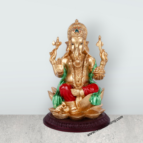 Ganesh Murti Sitting On Lotus - 8 x 4.5 Inches | Resin Statue/ Ganpati Idol for Pooja - Retail Maharaj