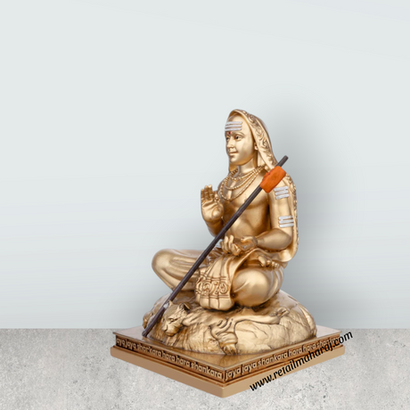 Adi Shankara Statue Sitting On Base - 6.5 x 4.5 Inches | Resin Statue / Gold Polish Shankaracharya Murti for Pooja - Retail Maharaj
