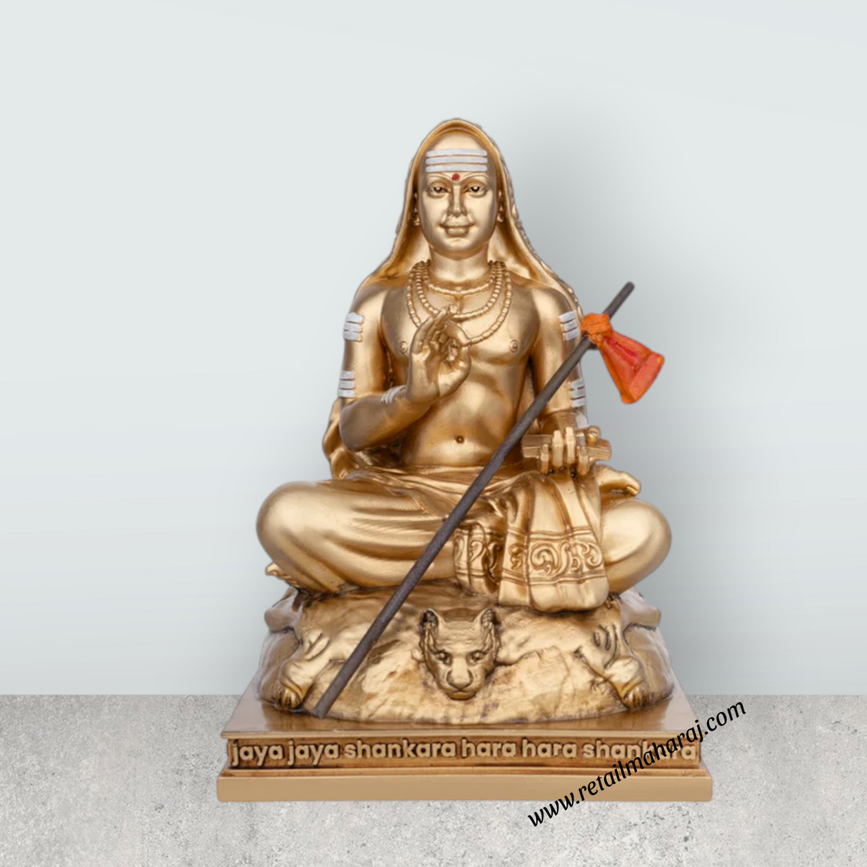 Adi Shankara Statue Sitting On Base - 6.5 x 4.5 Inches | Resin Statue / Gold Polish Shankaracharya Murti for Pooja - Retail Maharaj