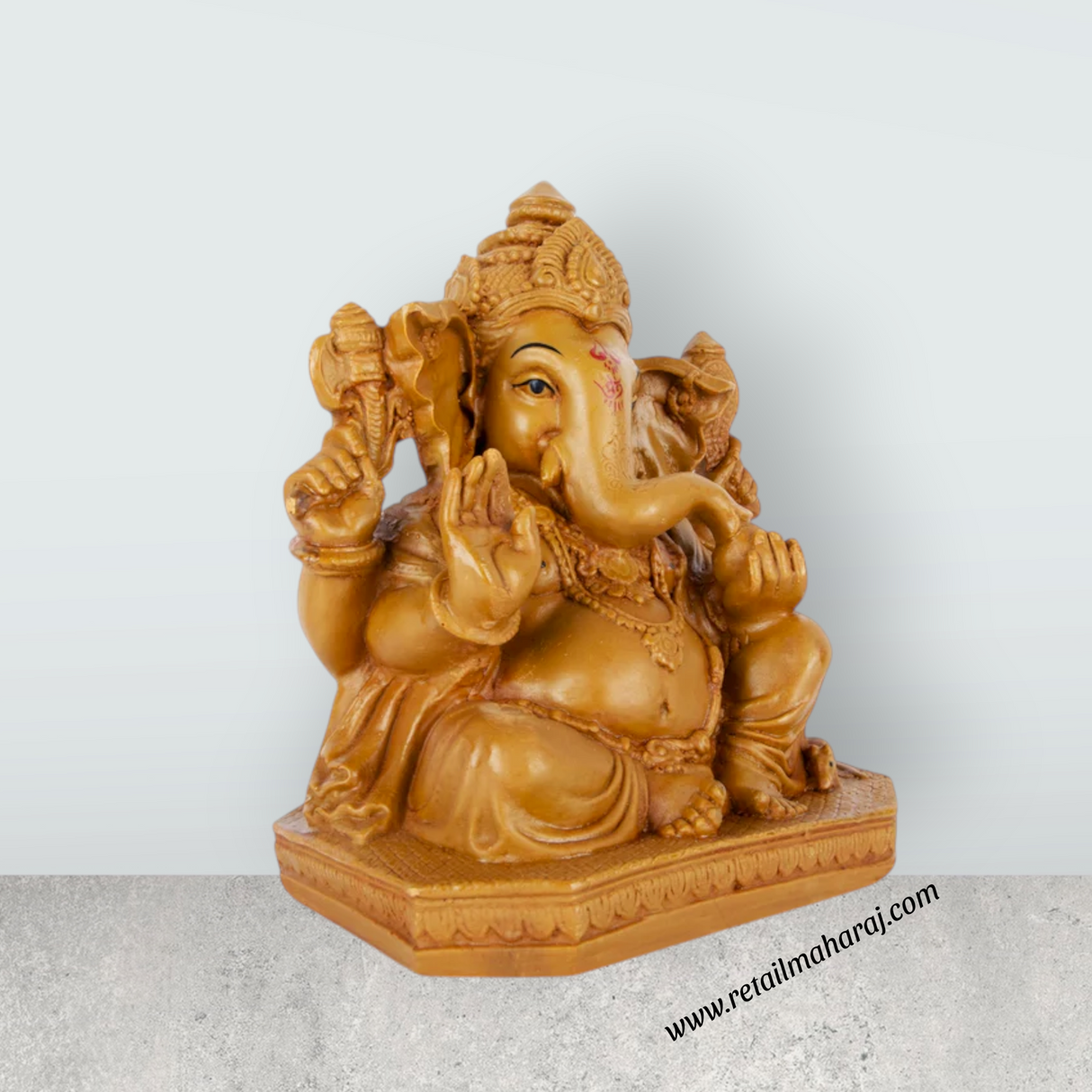 Ganesh Murti Sitting On Base - 8 x 7 Inches | Marble Dust Murti/ Wooden Polish Vinayaka Statue for Worship - Retail Maharaj