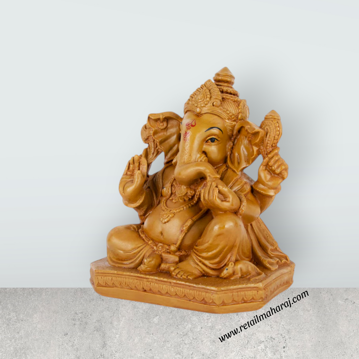 Ganesh Murti Sitting On Base - 8 x 7 Inches | Marble Dust Murti/ Wooden Polish Vinayaka Statue for Worship - Retail Maharaj