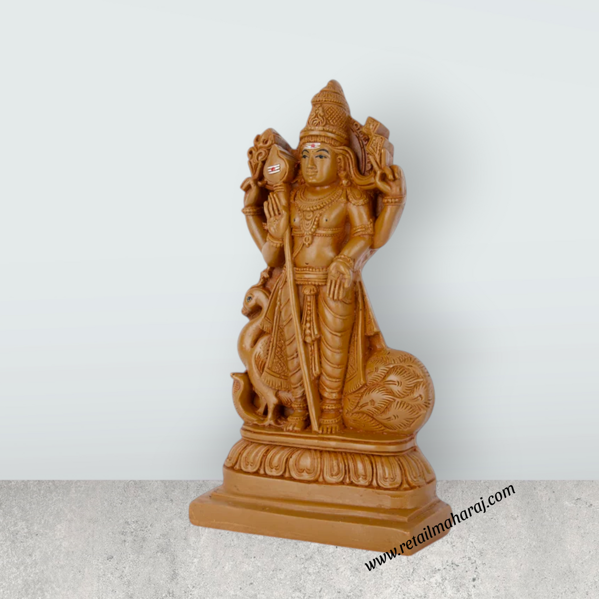 Murugan Statue With Peacock - 8 x 4.5 Inches | Resin Statue/ Wooden Polish Standing Kartikeya Statue for Pooja - Retail Maharaj