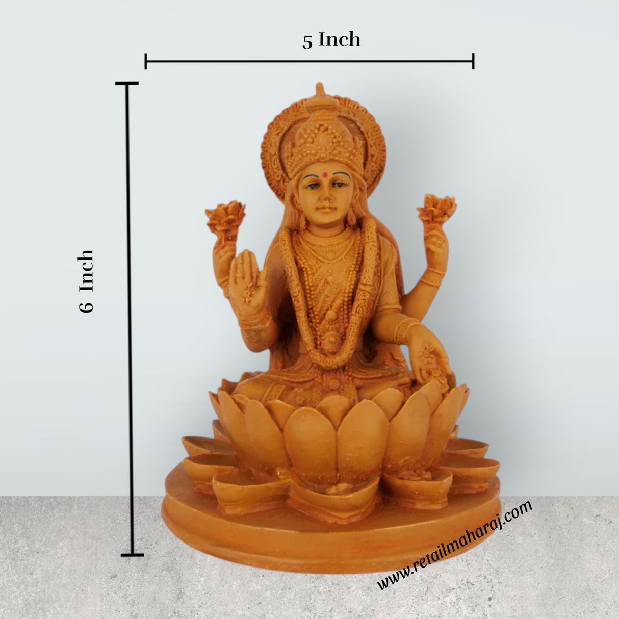 Lakshmi Idol Sitting On Flower Base - 6 x 5 Inches | Resin Statue/ Wooden Polish Laxmi Idol for Pooja - Retail Maharaj