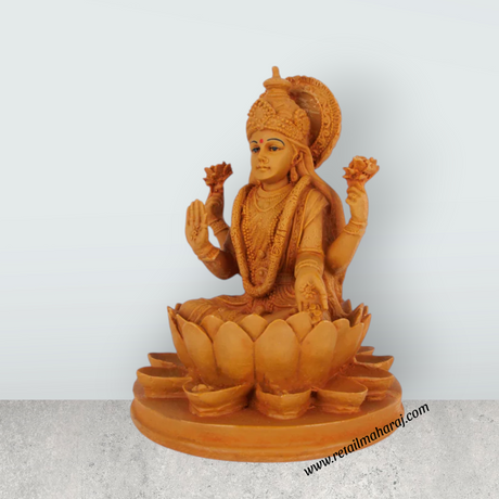 Lakshmi Idol Sitting On Flower Base - 6 x 5 Inches | Resin Statue/ Wooden Polish Laxmi Idol for Pooja - Retail Maharaj