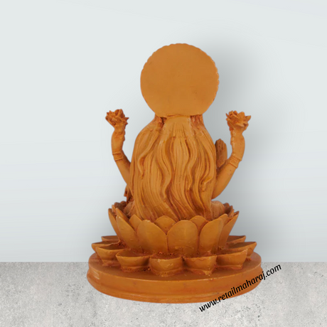 Lakshmi Idol Sitting On Flower Base - 6 x 5 Inches | Resin Statue/ Wooden Polish Laxmi Idol for Pooja - Retail Maharaj