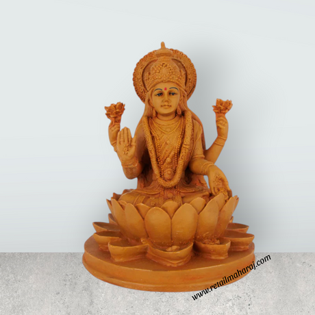 Lakshmi Idol Sitting On Flower Base - 6 x 5 Inches | Resin Statue/ Wooden Polish Laxmi Idol for Pooja - Retail Maharaj