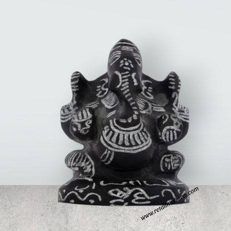Ganesh Murti - 3 x 3 Inches | Black Stone Ganpati Murti/ Sitting Vinayaka Statue for Pooja - Retail Maharaj