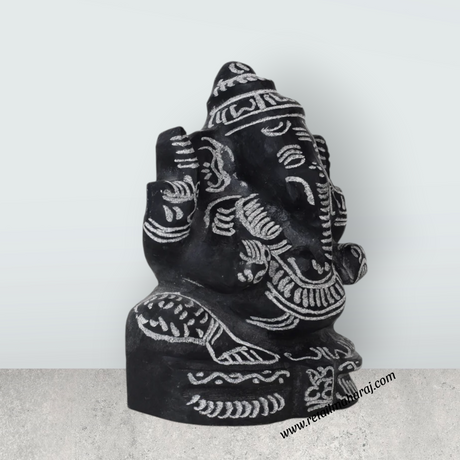Ganesh Murti - 6 x 4.5 Inches | Black Stone Vinayaka Statue/ Sitting Ganesha Statue for Pooja - Retail Maharaj