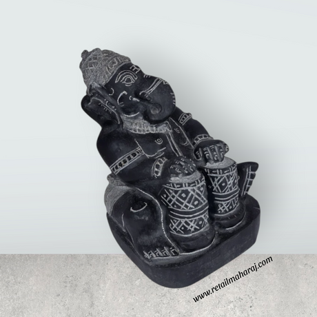 Ganesha Murti - 9 x 6.5 Inches | Black Stone Idol / Ganapathi Statue/ Vinayagar Sculpture Decor for Home & Pooja - Retail Maharaj
