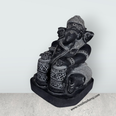 Ganesha Murti - 9 x 6.5 Inches | Black Stone Idol / Ganapathi Statue/ Vinayagar Sculpture Decor for Home & Pooja - Retail Maharaj