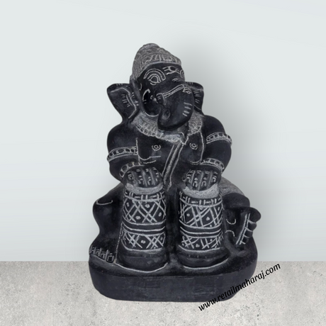 Ganesha Murti - 9 x 6.5 Inches | Black Stone Idol / Ganapathi Statue/ Vinayagar Sculpture Decor for Home & Pooja - Retail Maharaj