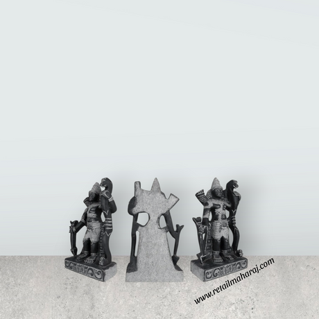 Perumal Sridevi Bhudevi Murti - 19.5 x 12 Inches | Black Stone Idol / Perumal with Sridevi Bhudevi Statue For Pooja - Retail Maharaj