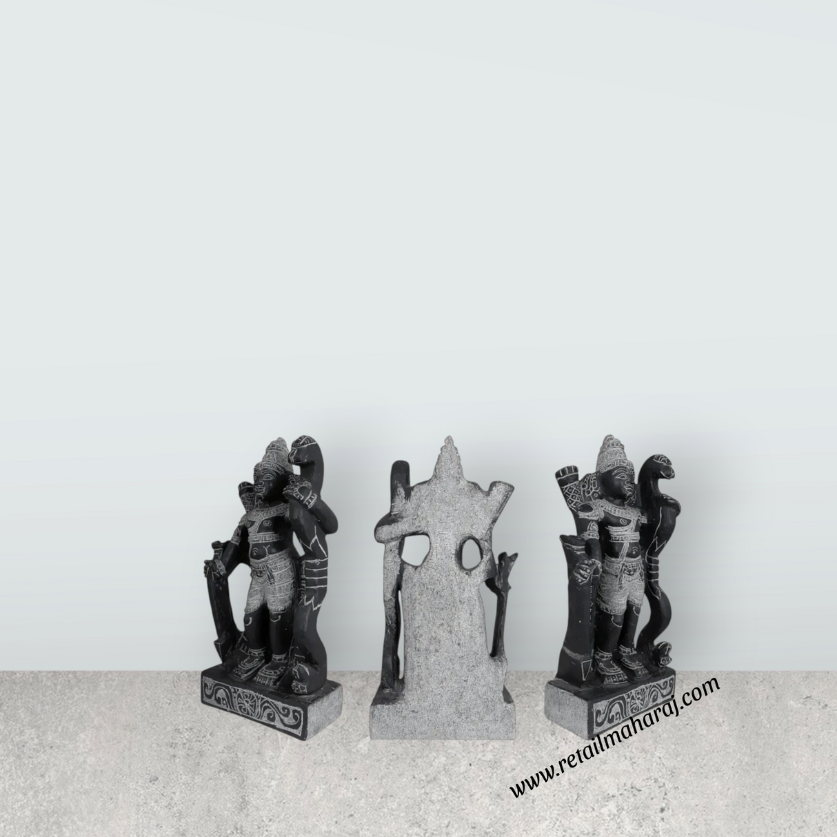 Perumal Sridevi Bhudevi Murti - 19.5 x 12 Inches | Black Stone Idol / Perumal with Sridevi Bhudevi Statue For Pooja - Retail Maharaj