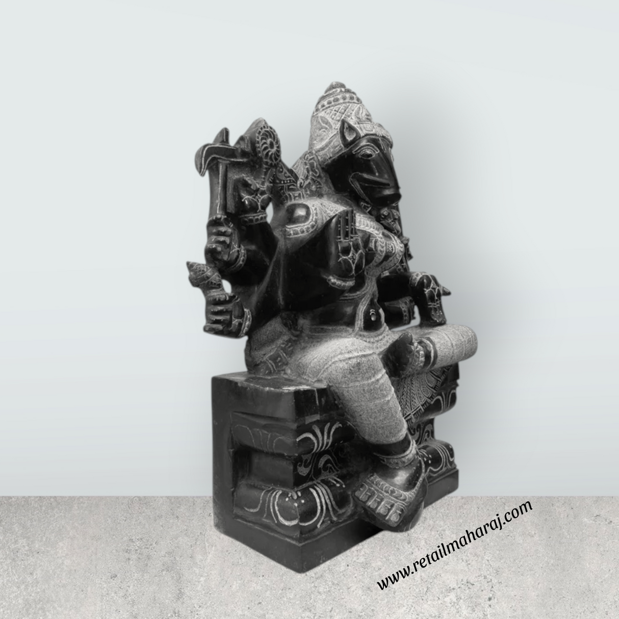 Varahi Amman Sitting on Base Murti - 30 x 24 Inches | Black Stone Idol/ Varahi Amman Idol With 8 Hands for Pooja - Retail Maharaj