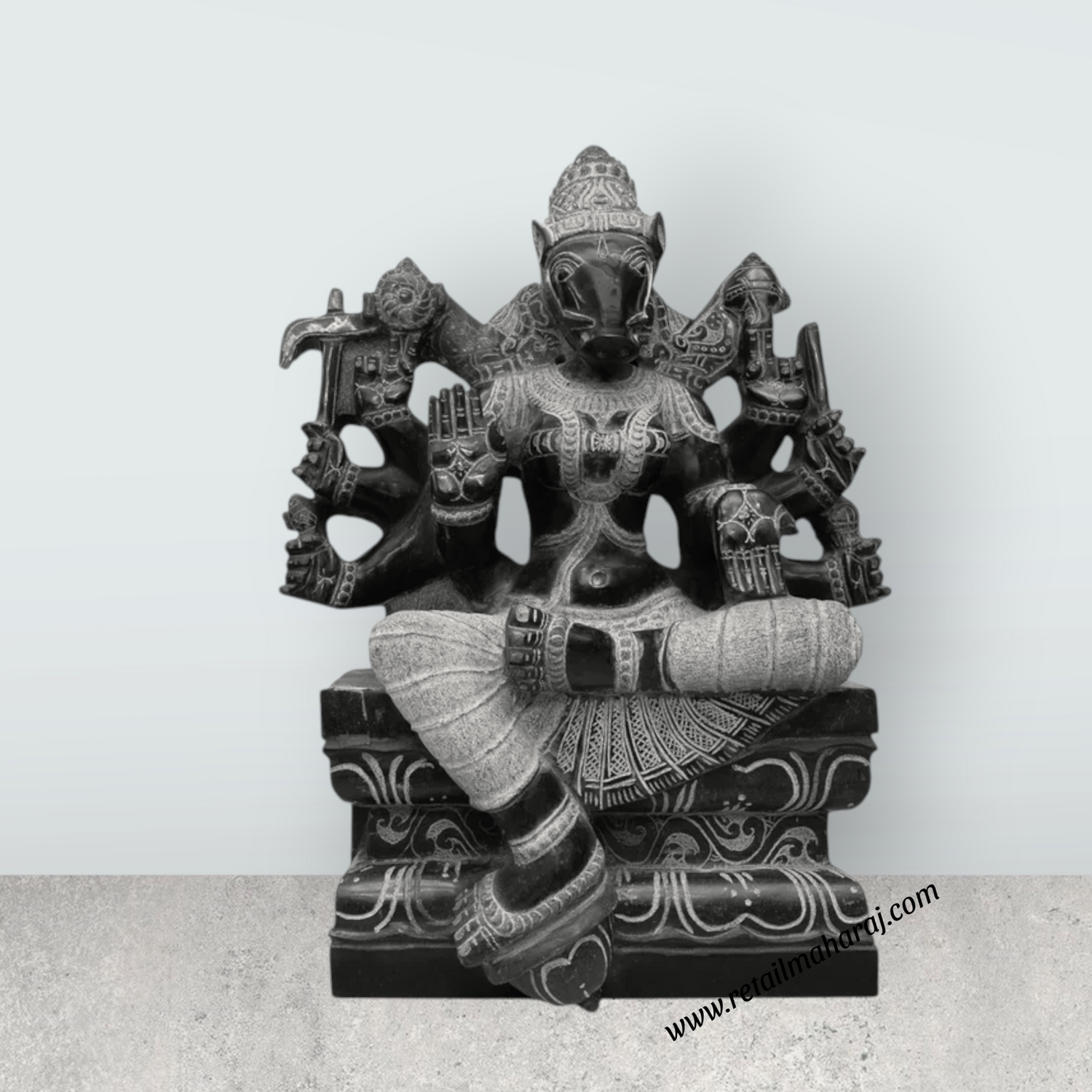 Varahi Amman Sitting on Base Murti - 30 x 24 Inches | Black Stone Idol/ Varahi Amman Idol With 8 Hands for Pooja - Retail Maharaj