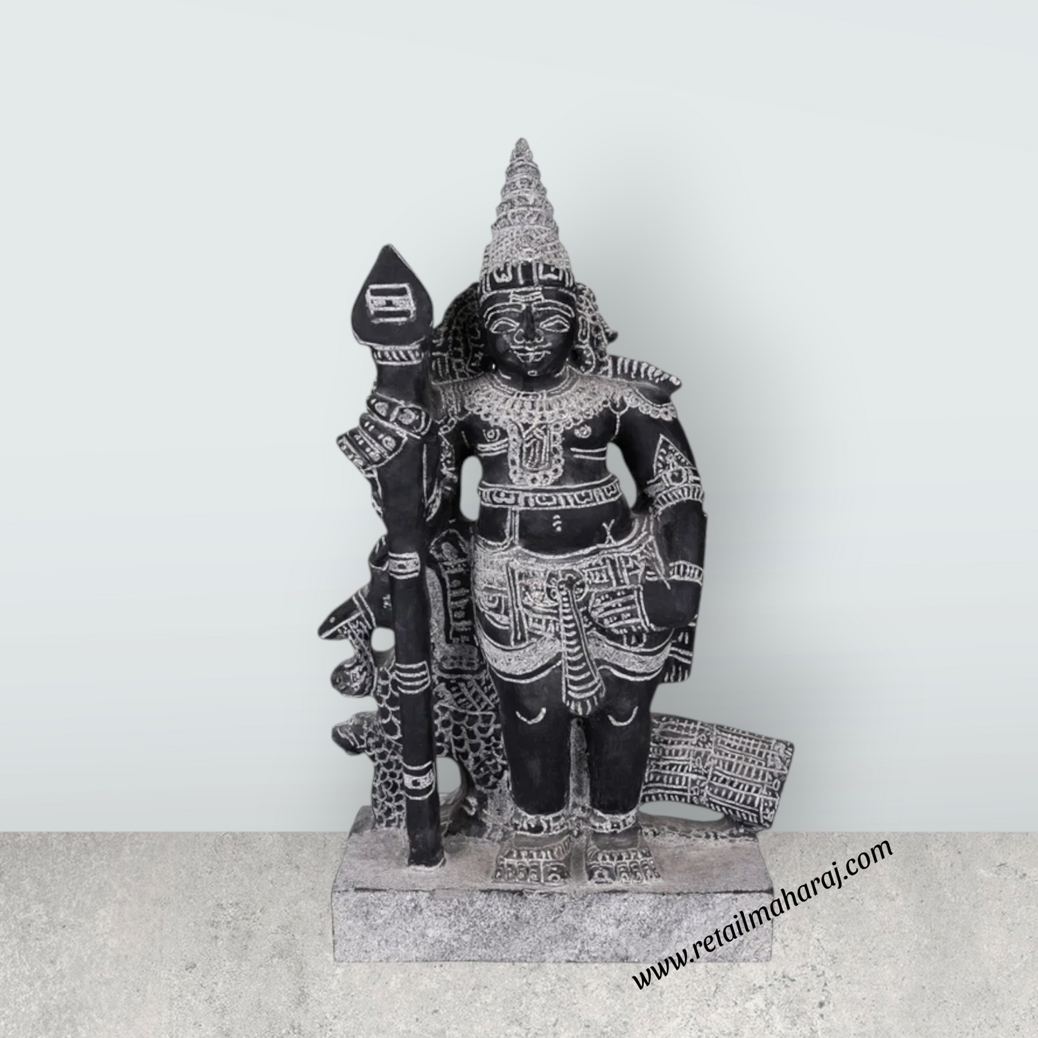 Bala Murugan Standing on Base Murti - 20 x 13 Inches | Black Stone Idol / Kartikeya Statue for Pooja - Retail Maharaj
