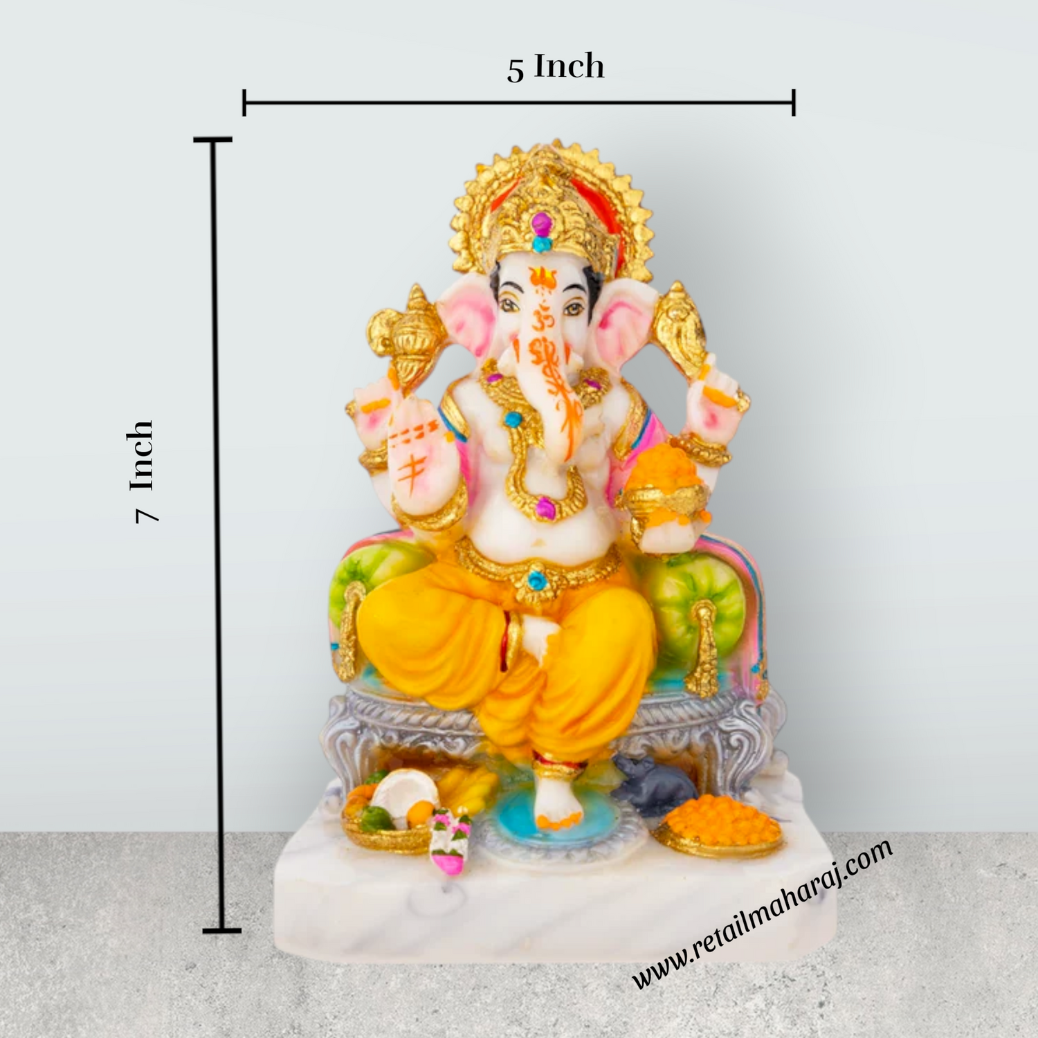 Ganesh Murti Sitting On Sinhasan - 7 x 5 Inches | Marble Dust Murti & Painted Vinayaka Statue for Pooja - Retail Maharaj