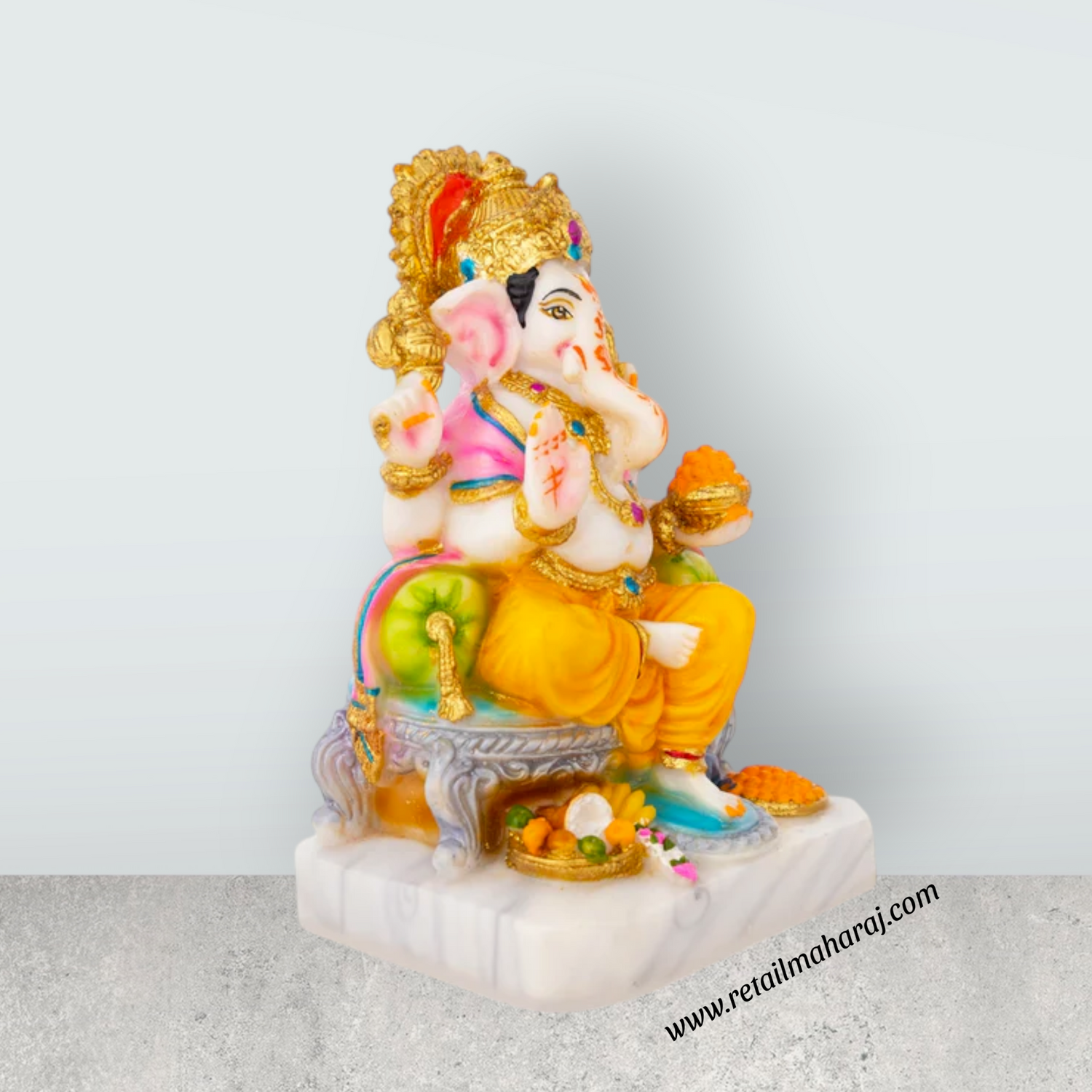 Ganesh Murti Sitting On Sinhasan - 7 x 5 Inches | Marble Dust Murti & Painted Vinayaka Statue for Pooja - Retail Maharaj