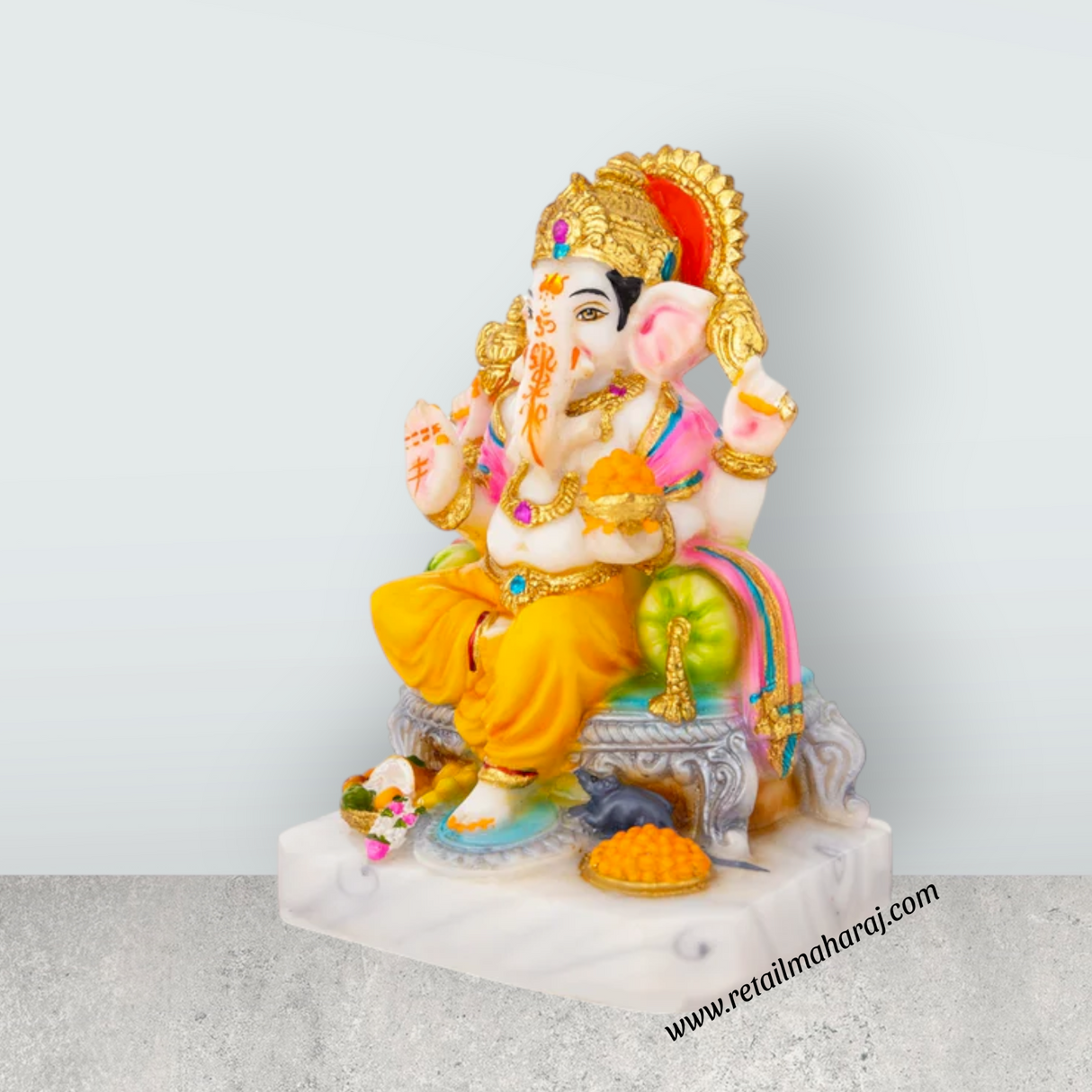 Ganesh Murti Sitting On Sinhasan - 7 x 5 Inches | Marble Dust Murti & Painted Vinayaka Statue for Pooja - Retail Maharaj