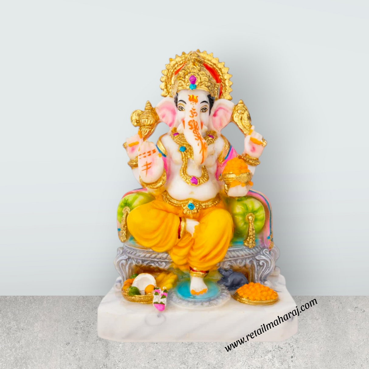Ganesh Murti Sitting On Sinhasan - 7 x 5 Inches | Marble Dust Murti & Painted Vinayaka Statue for Pooja - Retail Maharaj