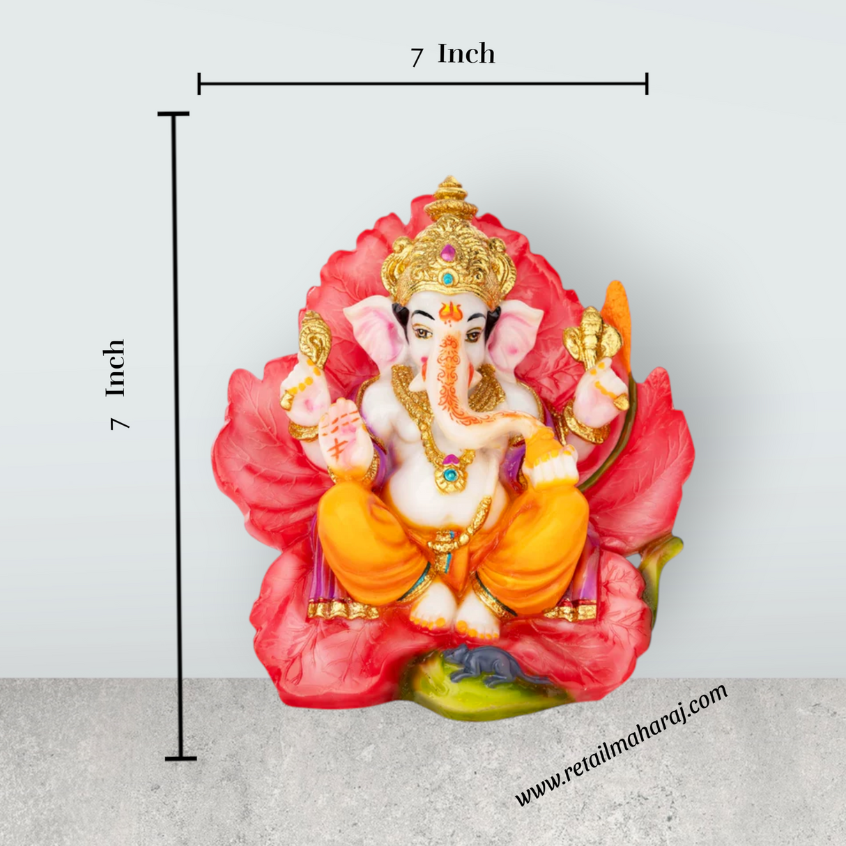 Ganesh Murti Sitting On Hibiscus Flower - 7 x 7 Inches | Marble Dust Murti/ Painted Vinayaka Statue for Pooja - Retail Maharaj
